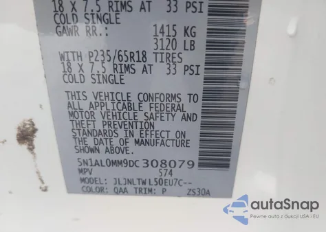 2013 Infiniti Jx35 z USA, uszkodzony, nr VIN 5N1AL0MM9DC308079